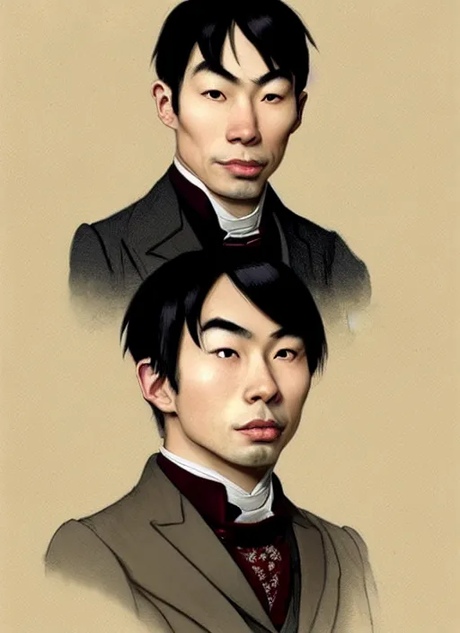 Image similar to a portrait of a young asian man with a crooked nose in victorian clothing, confident pose, intricate, elegant, sharp focus, illustration, highly detailed, concept art, matte, trending on artstation, anime, art by james jean and artgerm and brian despain and alberto mielgo, greg rutkowski, wlop, ilya kuvshinov, strong strokes