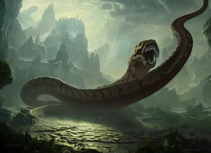 Image similar to giant snake, hearthstone splash art, deiv calviz, splash art, natural light, elegant, intricate, fantasy, atmospheric lighting, by greg rutkowski, hearthstone splash art, hd wallpaper, ultra high details, cinematic composition, professional master piece made in one year