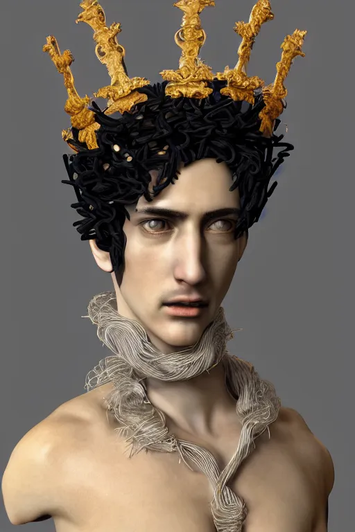 Prompt: a realistic porcelain full-head baroque style bust of handsome young seductive Spanish prince with a spiky hair, wearing a crown made out of woven pipe cleaners, suspended in outer space, photorealism, octane render, depth of field, 8k, 35mm, artgem, Trending on artstation