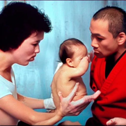 Prompt: feeding a baby as a training montage from martial arts movie