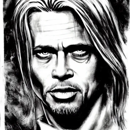 Prompt: creepy horror illustration of !!!Brad Pitt!!! mutate into bloodthirsty Demon pitch black ink on old parchment black and white created by Thomas Kinkade.