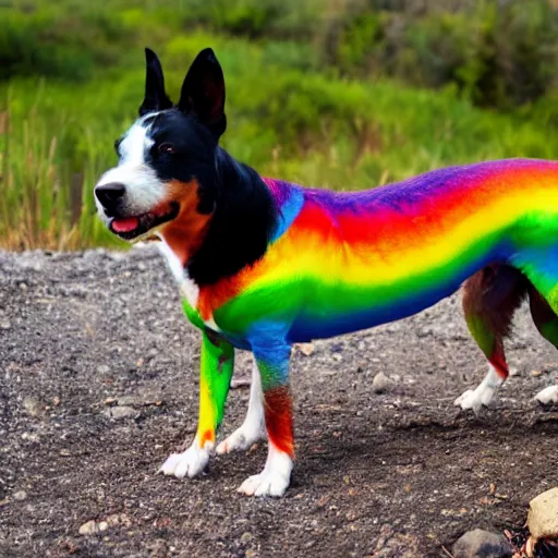 Image similar to rainbow dog carrying the earth in its mouth, 8 k, hd