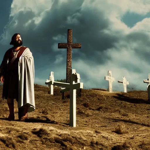 Image similar to cinematic still of three crosses on calvary hill, miraculous cloudy backdrop, Biblical epic movie directed by Peter Jackson, wallpaper, hd