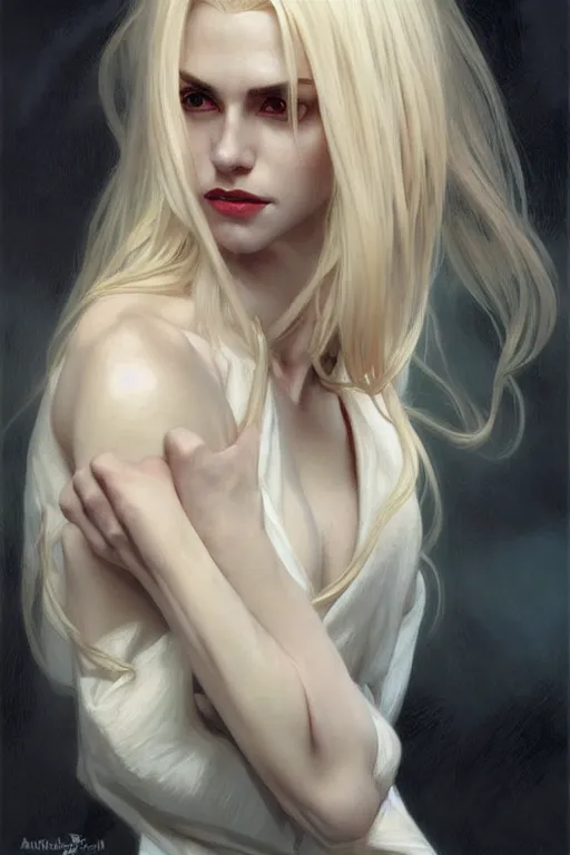 Image similar to portrait of a blonde vampire, dark, piercing eyes, gentle expression, elegant clothing, photorealistic, highly detailed, artstation, smooth, sharp focus, art by michael whelan, artgerm, greg rutkowski and alphonse mucha