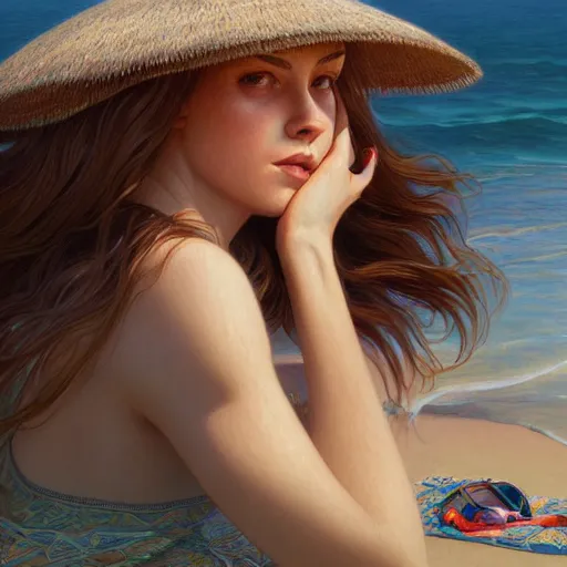 Image similar to Ultra realistic illustration, Siri Dahl at the beach, intricate, elegant, highly detailed, digital painting, artstation, smooth, sharp focus, illustration, art by artgerm and greg rutkowski and alphonse mucha