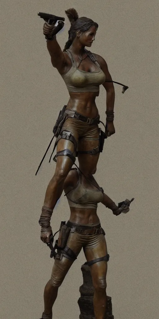 Prompt: detailed photo of an old bronze patina full body statue of a beautiful lara croft, photorealism, intricate detail, museum diffuse lighting