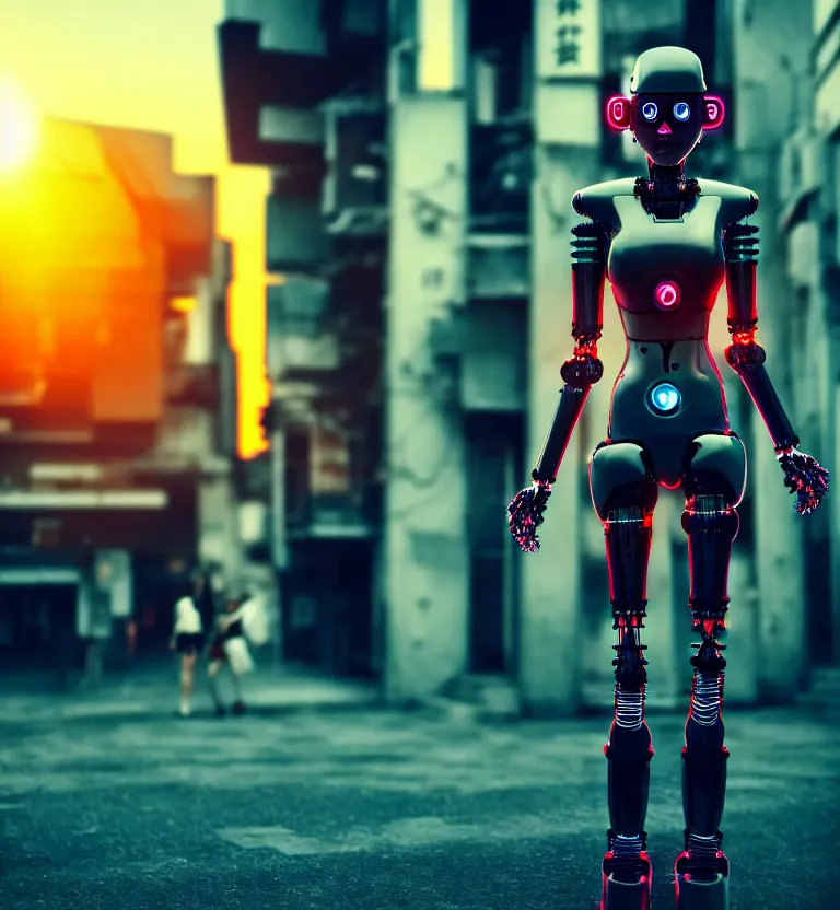 Image similar to a photo close up cyberpunk half robot half girl stands in a cyberpunk hiroshima, prefecture streets, sunset, photorealistic, cinematic lighting, very detailed, style by tomino - sama