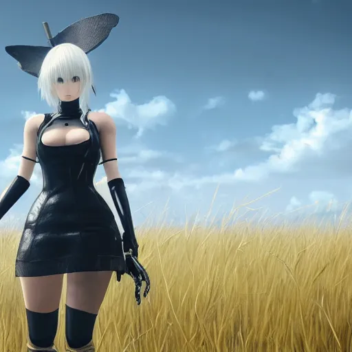 Prompt: a high resolution very detailed image of yorha android fighting a helicopter in nier : automata boss fight, in yellow rye field under blue sky