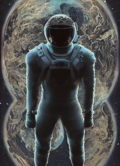 Image similar to astronauts in the dark infinite underwater void - complex and detailed suit. reflection and dispersion materials. contour lighting. rays and dispersion of light. volumetric light. 5 0 mm, f / 3 2. noise film photo. flash photography. ultra realistic, wide angle. poster by wayne barlowe, hajime sorayama aaron horkey, craig mullins