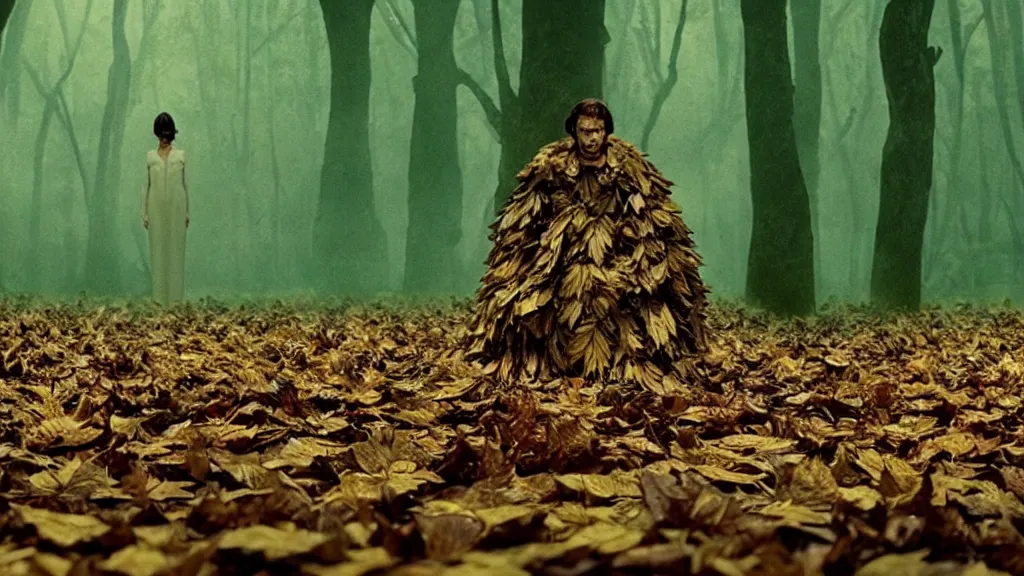 Image similar to the strange creature, made of leaves, film still from the movie directed by Denis Villeneuve with art direction by Salvador Dalí, wide lens