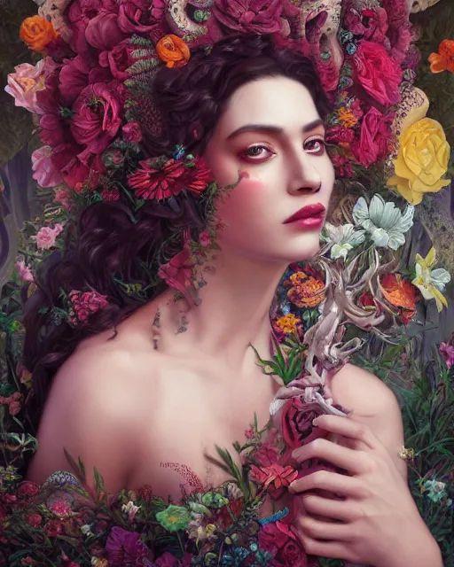 Image similar to portrait of the mexican queen of the underworld, surrounded by flowers by karol bak, james jean, tom bagshaw, rococo, sharp focus, trending on artstation, cinematic lighting, hyper realism, octane render, 8 k, hyper detailed.