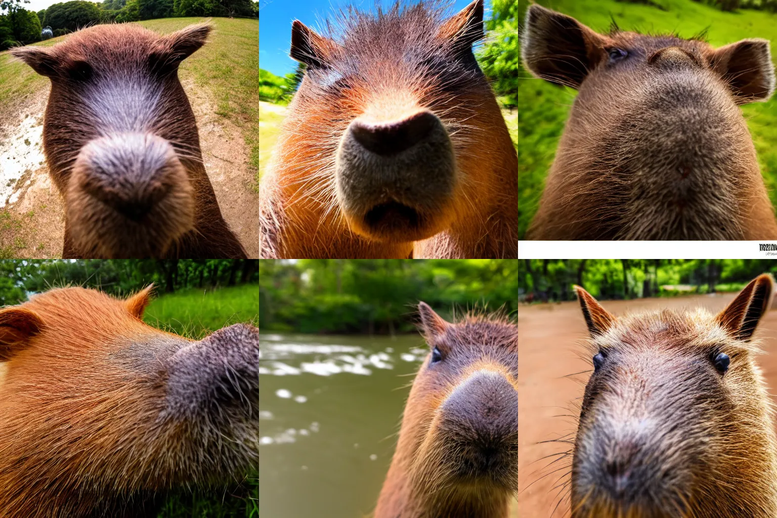 Prompt: high quality selfie taken by a capybara in the wild