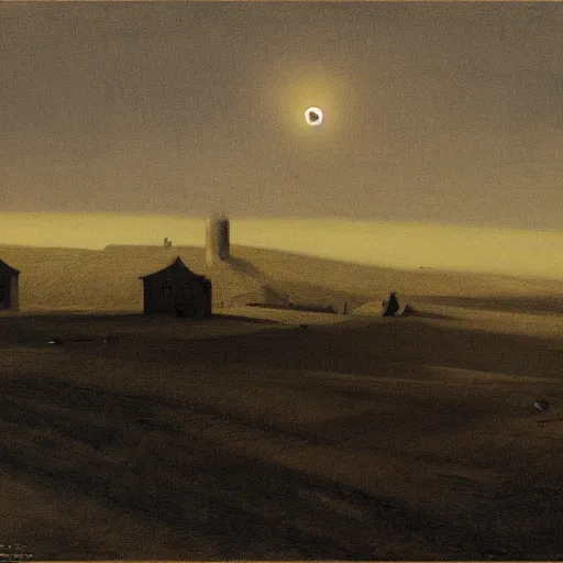 Image similar to dark solar eclipse, above a village, highly detailed, studio 4 k quality, by ramon casas