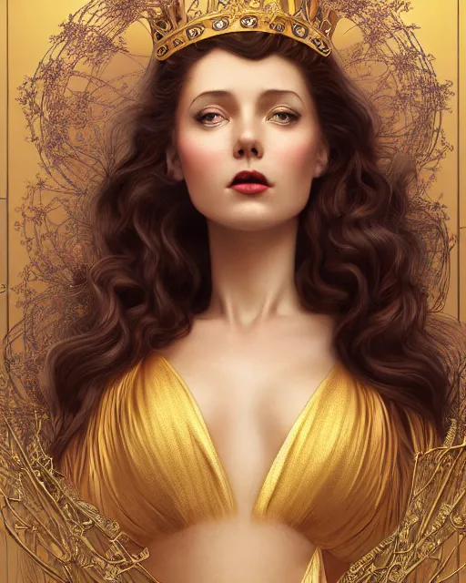 Image similar to a beautiful goldish woman, pinup pose, long hair, tall and thin, wearing dozens of pendants and a gown of gold, small delicate crown of the sea on her head, illustration, symmetry accurate features, volumetric light clouds, ultra realist soft painting, (art nouveau), octane render, 8k, HD, by Tom Bagshaw, Brom, Charlie Bowater, faces by otto schmidt