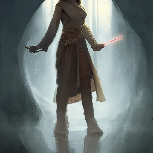 Image similar to portrait of a woman by greg rutkowski, jedi knight allana solo, straight brown hair, jedi robes, star wars expanded universe, she is about 2 0 years old, wearing jedi robes, highly detailed portrait, digital painting, artstation, concept art, smooth, sharp foccus ilustration, artstation hq