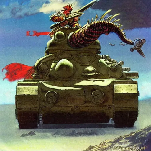 Prompt: chrono trigger dragon tank battle reimagined by frank frazetta