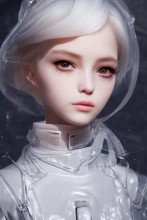 Prompt: very up close portrait, of fashion elegant sophisticated of a translucent cute dainty cyborg lolita girl, full face frontal centered, big eye, white inflatable jacket, ultra detailed, by nixeu and guweiz weta, sleek curves, intricate sharp focus, trending on artstation hq, deviantart, pinterest, unreal engine 5,