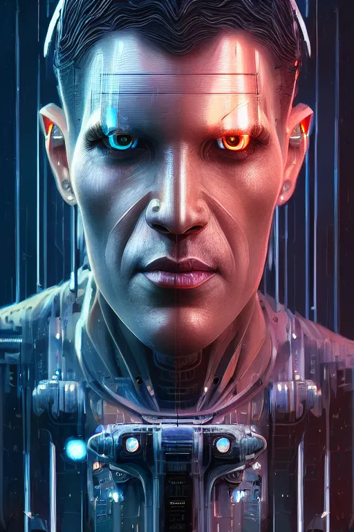 Prompt: cyborg bladerunner face by sathish kumar and wlop, matte painting, artstation, detailed, photo realism, realism, intricate, ornate, cyberpunk, future, symmetry, technology, artificial intelligence