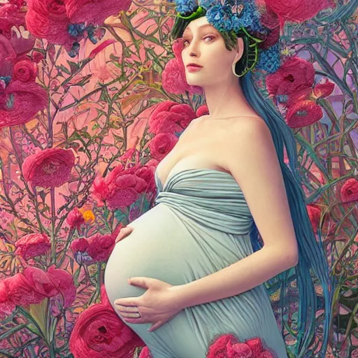 Image similar to pretty pregnant model with flowers : : by martine johanna and simon stalenhag and chie yoshii and casey weldon and wlop : : ornate, dynamic, particulate, rich colors, intricate, elegant, highly detailed, vogue, harper's bazaar art, fashion magazine, smooth, sharp focus, 8 k, octane render