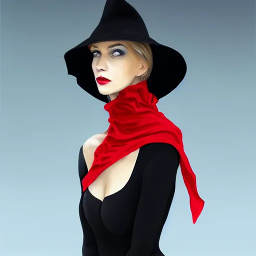 Image similar to beautiful woman in a black dress, full length photo, wearing a white hat and a red scarf, head bowed slightly, looking mischievously and mysteriously at the camera, wavy blond hair, knees upturned, very beautiful woman, 4k highly detailed, digital painting, artstation, concept art, matte, sharp focus, illustration, art by Sandra Pelser and Joshy Sly