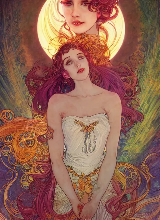 Image similar to Goddess of the Moon, ambient lighting, 4k, josephine wall, alphonse mucha, lois van baarle, ilya kuvshinov, rossdraws, artstation