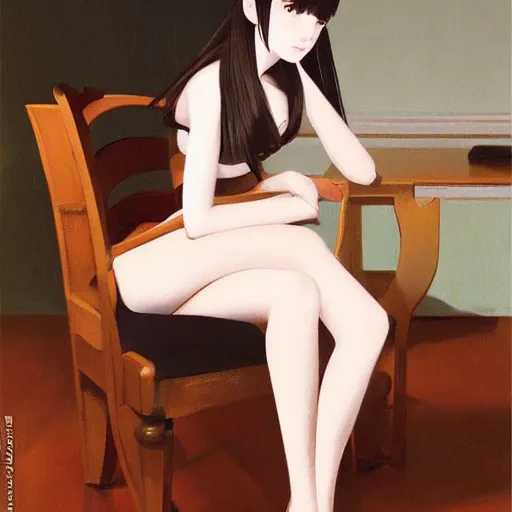 Image similar to oil painting by ilya kuvshinov, sakimichan, coby whitmore, of a youthful japanese beauty, long hair, sitting on antique chair leaning against a desk, victorian room