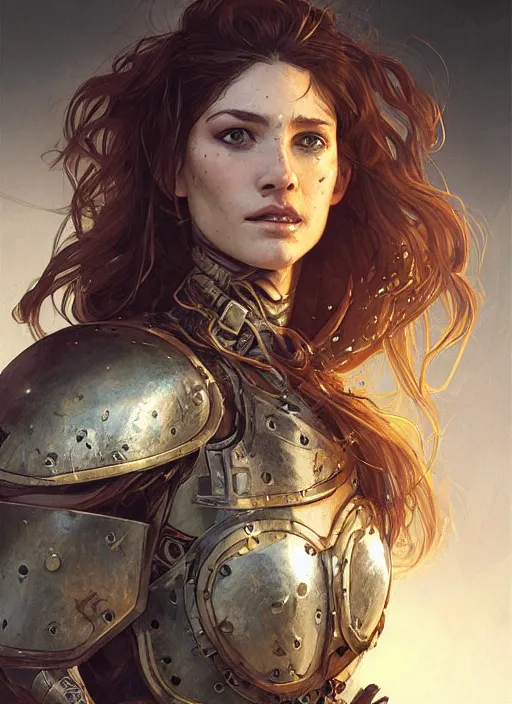 Image similar to portrait of a rugged female as a bruised knight with a shield and armor, fantasy, intricate, headshot, highly detailed, digital painting, artstation, concept art, sharp focus, cinematic lighting, illustration, art by artgerm and greg rutkowski, alphonse mucha, cgsociety