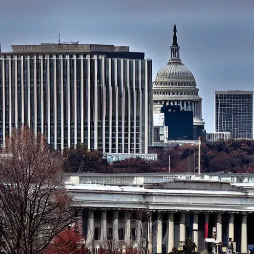 Image similar to dystopian futuristic totalitarian capital building in washington dc