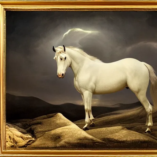 Prompt: a masterpiece matte painting of a white horse, by gustav dore and paul barson, 8 k, uhd, cgsociety, trending on artstation, a man riding on the horse with eyes like flames, many crowns upon his head, a robe dipped in blood