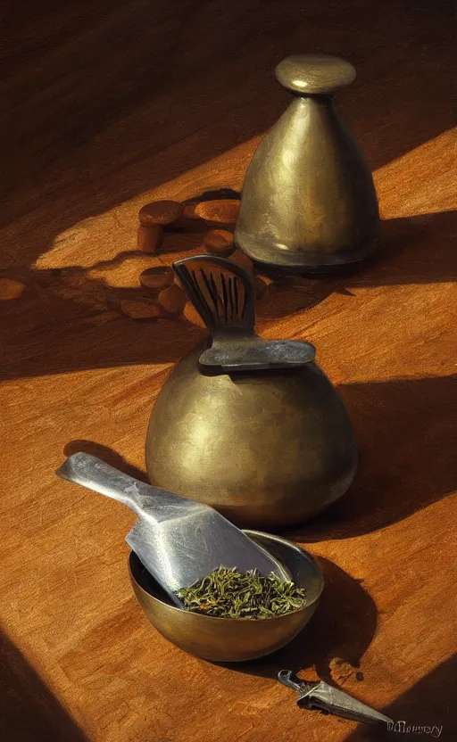 Image similar to bronze mortar and pestle, dried herbs and scissors on wooden table in the ray of sunshine, oil painting, sharp focus, high detailed, calm, warm lighting, sparkles, digital art, concept art, by Rutkowsky, baroque
