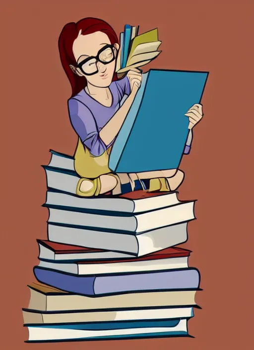 Prompt: a young woman with red hair and glasses sits on top of a tall pile of books. she is reading. clean pretty cartoon painting, cel shaded vector art, beautiful detailed face.