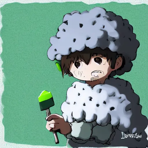 Image similar to little boy wearing sheep suit. white, gray, blue, green and brown pallet color. made in abyss art style, inspired in chris from deltarrune, high details