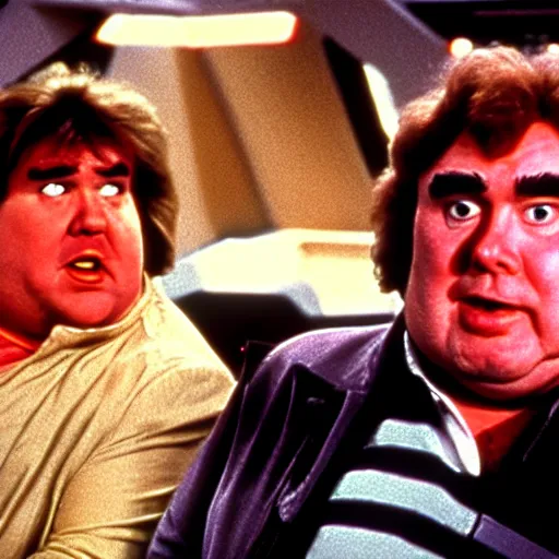 Image similar to John Candy dressed as Barf from Spaceballs sits next to Han Solo in the Millenium Falcon, movie still ftom Star Wars (1977)