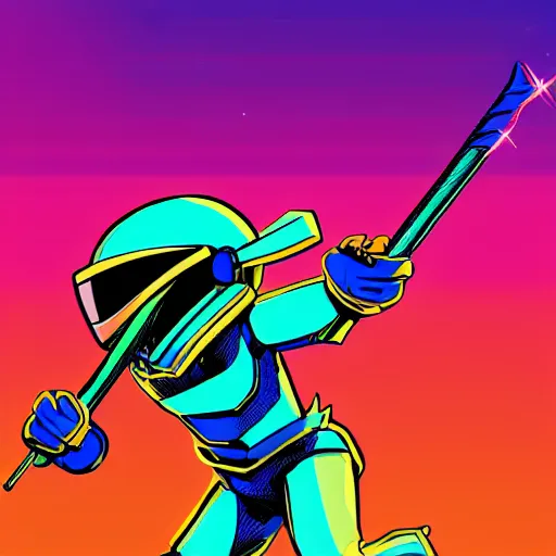 Image similar to shovel knight as daft punk, Aaron Campbell behance, synthwave background,4k, colorful, digital art