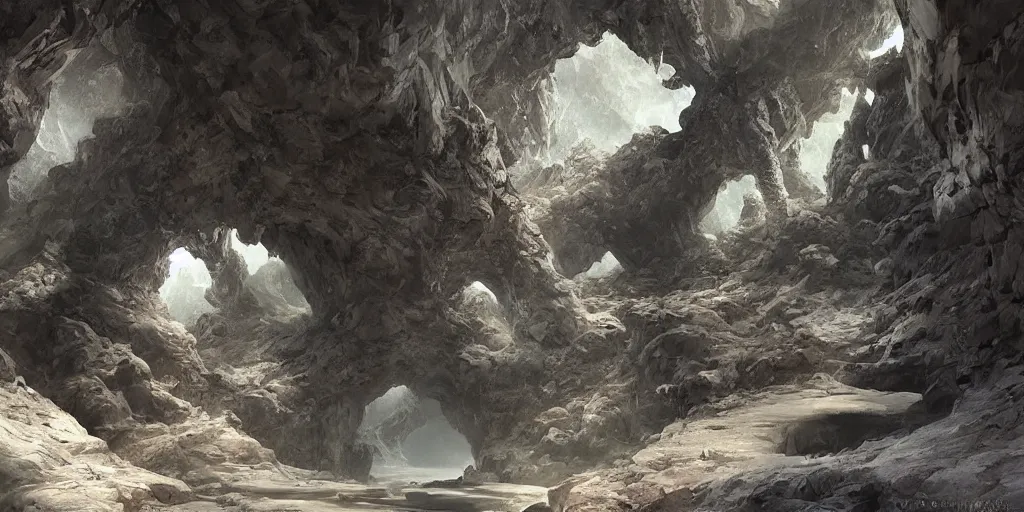 Image similar to highly detailed cave entrance in a scifi landscape by feng zhu, perfect geometry, hyper - detailed, sharp, beautiful, desaturated, beautiful lighting, oil on canvas