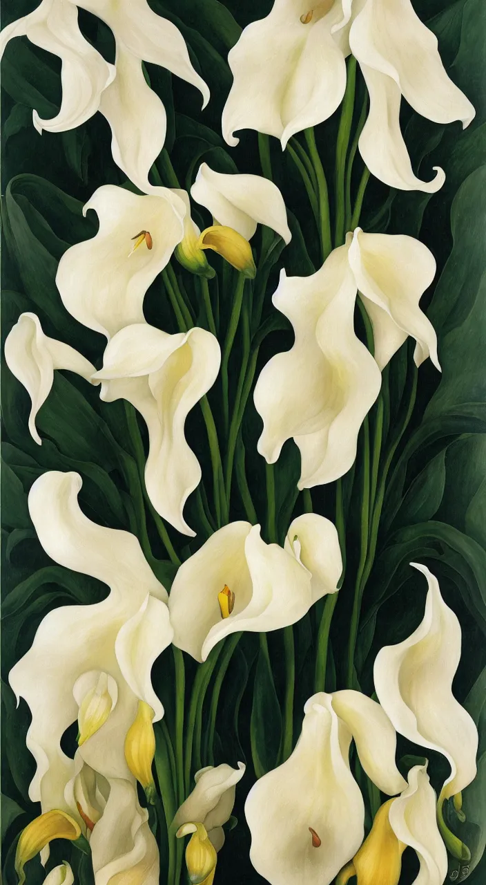 Image similar to portrait of a cream colored havanese dog with calla lillies, mexico, painting by diego rivera realism 1 9 3 5