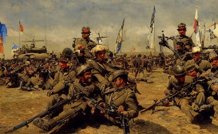 Image similar to high quality high detail painting by ilya repin, soldiers and tanks and choppers, hd