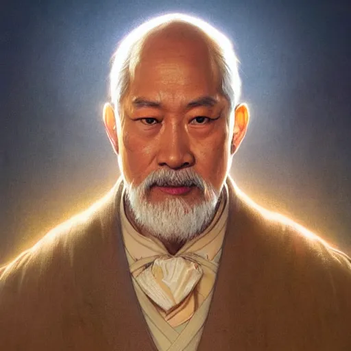 Image similar to mr miyagi is god, portrait, intricate, detailed, volumetric lighting, scenery, digital painting, highly detailed, artstation, sharp focus, illustration, artstation, art by artgerm and greg rutkowski and alphonse mucha