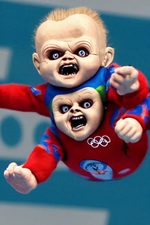 Image similar to screaming chucky doll performing a perfect 1 0 dive at olympics