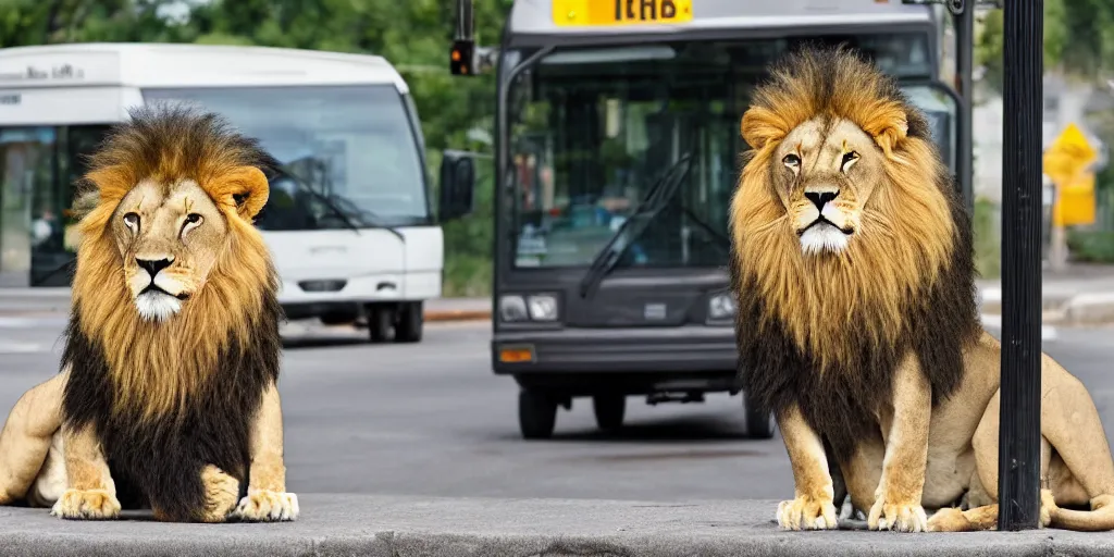 Prompt: a lion waiting at a bus stop