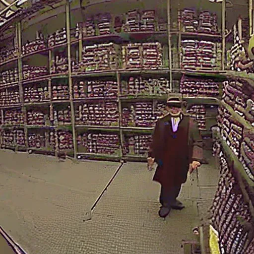 Prompt: grainy security cam footage still of Willy Wonka in his Chocolate Factory, extreme wide angle