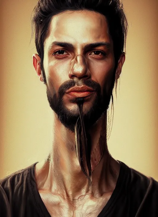 Prompt: a detailed painted portrait of an 9 0's era rock musician by artist hadi karimi, wlop, artgerm, greg rutkowski, smirk expression, dramatic lowkey studio lighting, accurate skin textures, hyperrealism, aesthetically pleasing and harmonious vintage colors