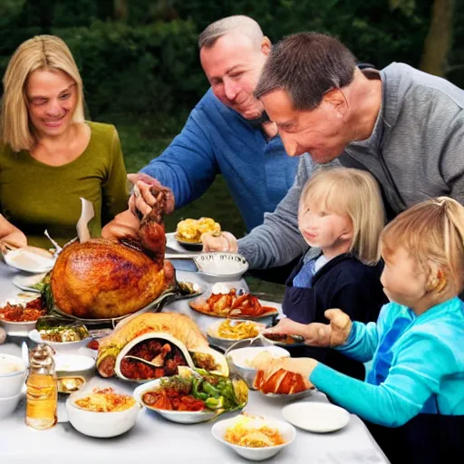 Image similar to a family sitting at a table eating thanksgiving dinner, the turkey is a monkey