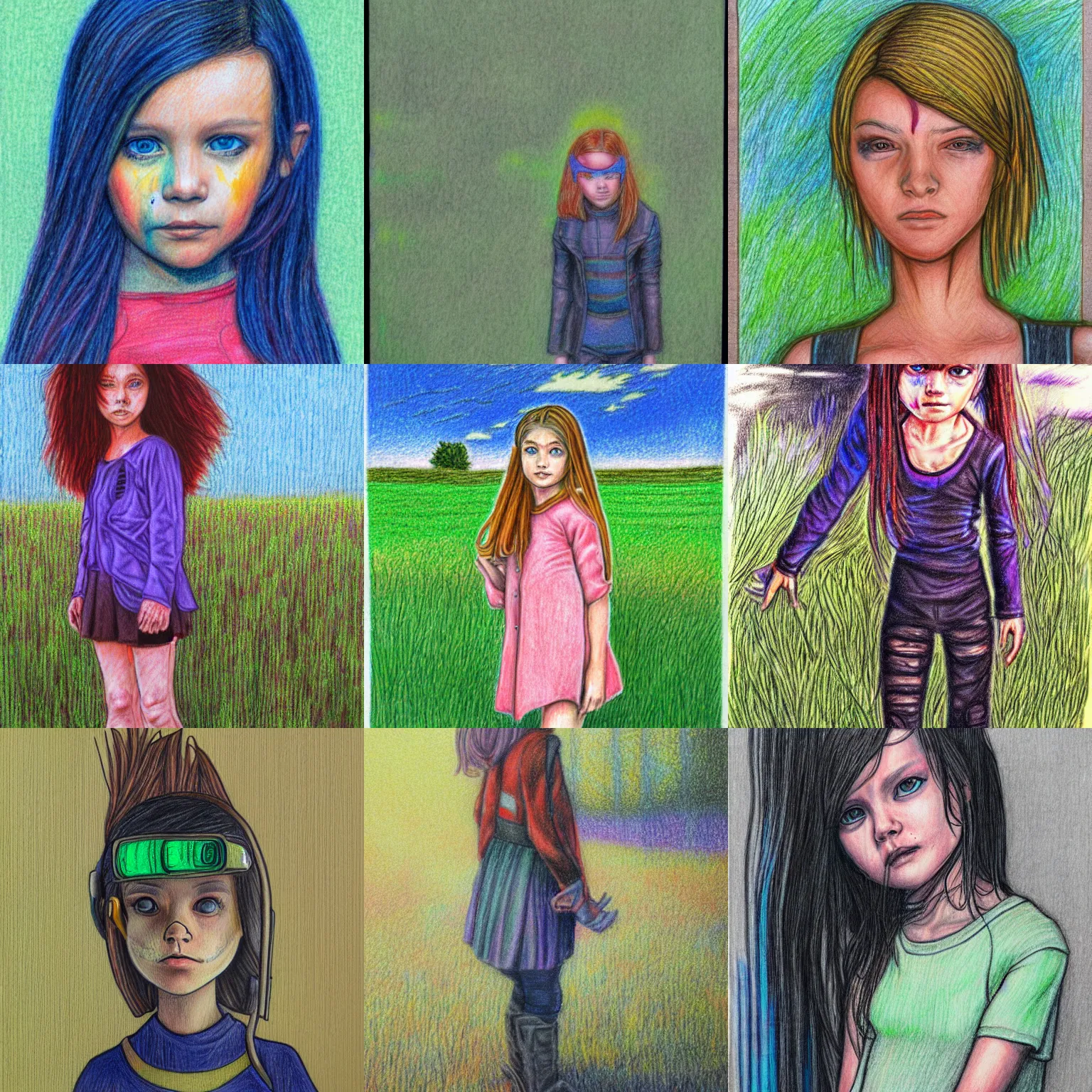 Prompt: cyberpunk portrait colored pencil drawing of curious girl standing in field looking at camera.