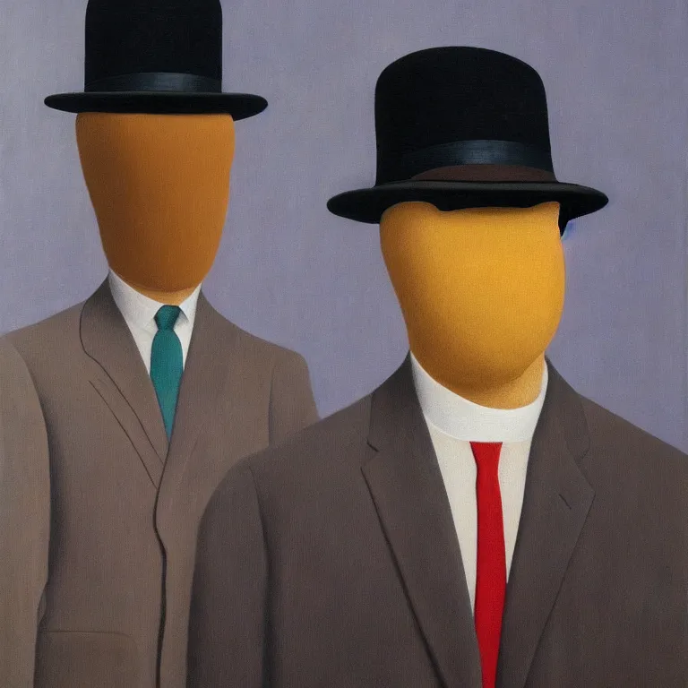 Image similar to portrait of man in a suit with covered head by rene magritte, detailed painting, hd, hq, high resolution, high detail, 4 k, 8 k