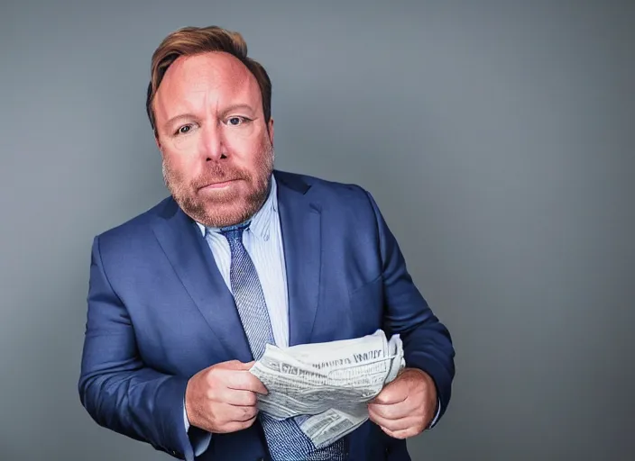 Prompt: dslr photo still of infowars host alex jones in a blue suit fat grey beard and mustache in a!!! room filled to the ceiling with newspapers!!!, 5 2 mm f 1. 8