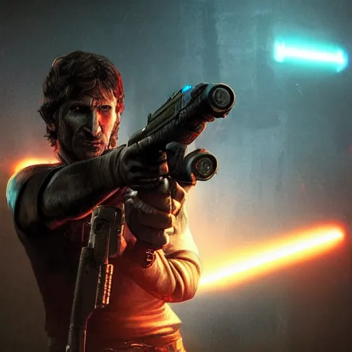 Image similar to todd howard with a gun, forcing you to buy skyrim, threatening, sharp, cinematic, colorful, digital art, neon, bright, cyberpunk, blade runner 2 0 4 9, realism, bold