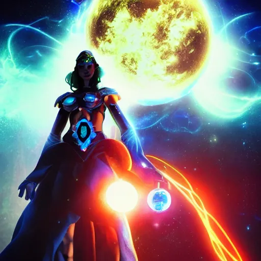 Prompt: a powerful goddess woman floating with a glowing orb of blue power in her hand, trending on artstation, colourful, powerful, dark, mysterious, maximalist, full body shot, japanese, unreal engine 5, evil, warrior, nebula background, wearing a farce robe, army behind her and war - s 1 5 0