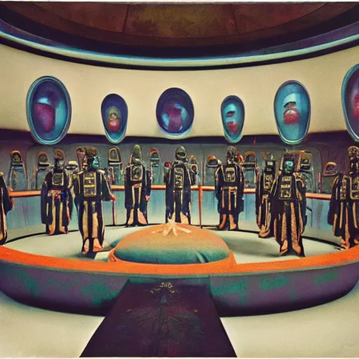 Image similar to Jodorowsky's Dune movie, cinema still, emperor's throne room with guards, faces in focus, colorful uniforms, wide angle, cinestill 400t film