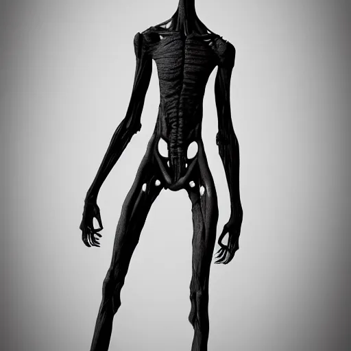 Image similar to standing photorealistic detailed tall skinny humanoid creature, extremly detailed, black and white, 8 k, realistic, sharp focus, cosmic horror creature, cosmic horror